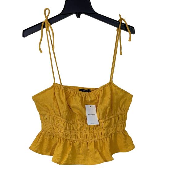 Forever 21 Yellow Smocked Knit Crop Top Medium Midriff Peplum Flair Strappy NWT - Picture 1 of 11